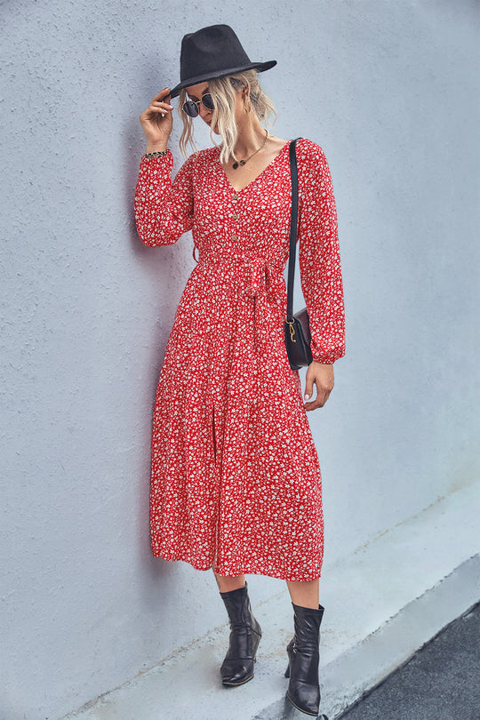 Damen Maxikleid mit elastischem Taillenbund und floralen Mustern EB