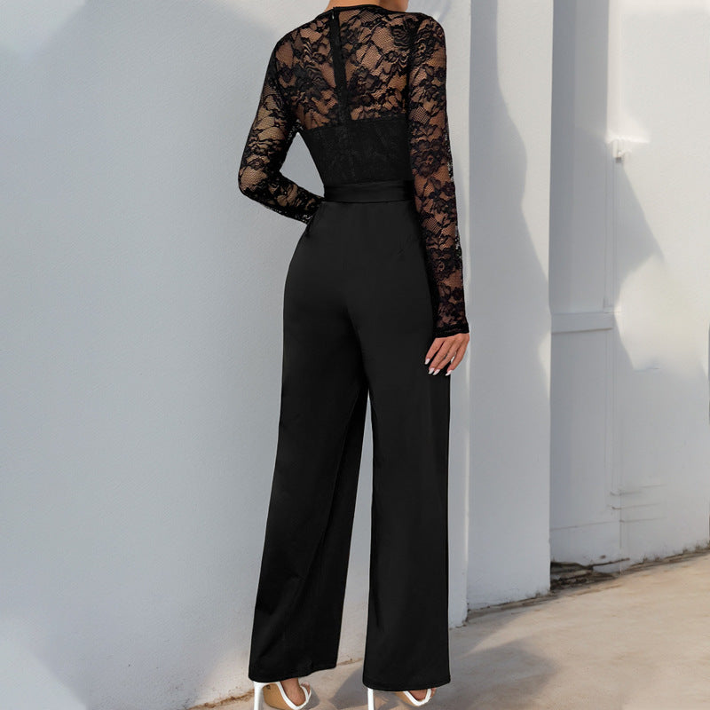 Damen Eleganter Jumpsuit mit Spitzenoberteil und tailliertem Bund EB