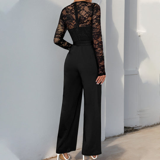 Damen Eleganter Jumpsuit mit Spitzenoberteil und tailliertem Bund EB