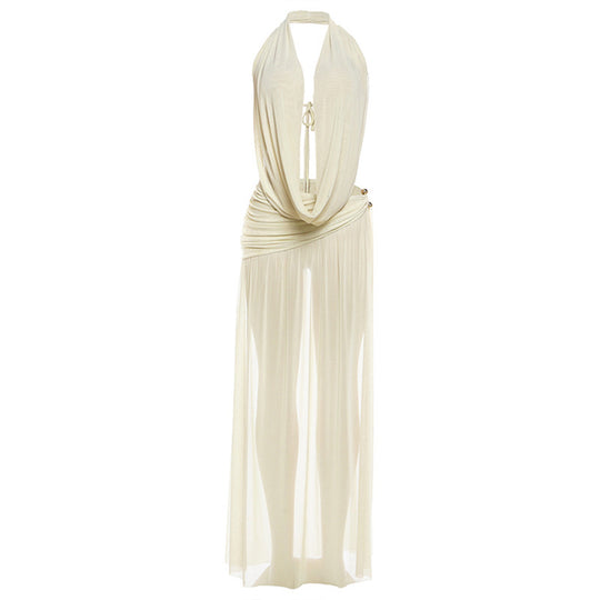 Damen Elegantes Maxikleid mit tiefem V-Ausschnitt und fließendem Schnitt EB
