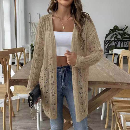 Damen luftiger Strickcardigan mit filigranem Lochmuster EB