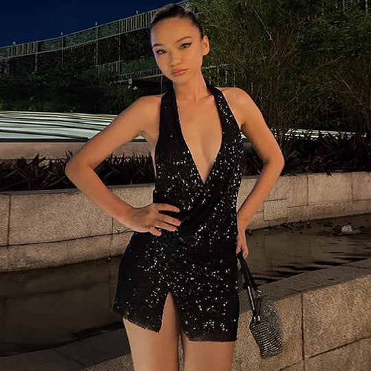 Damen Funkelndes Cocktailkleid mit Wickel-Design EB