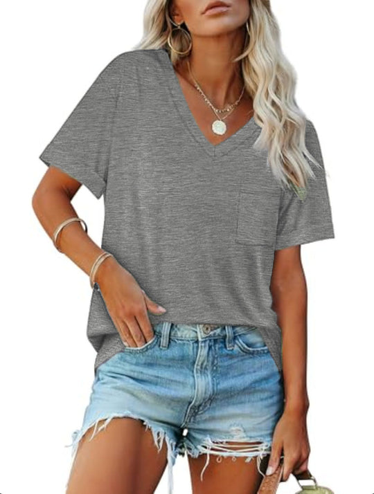 Damen Viskose V-Ausschnitt T-Shirt mit Brusttasche und lässigem Schnitt EB