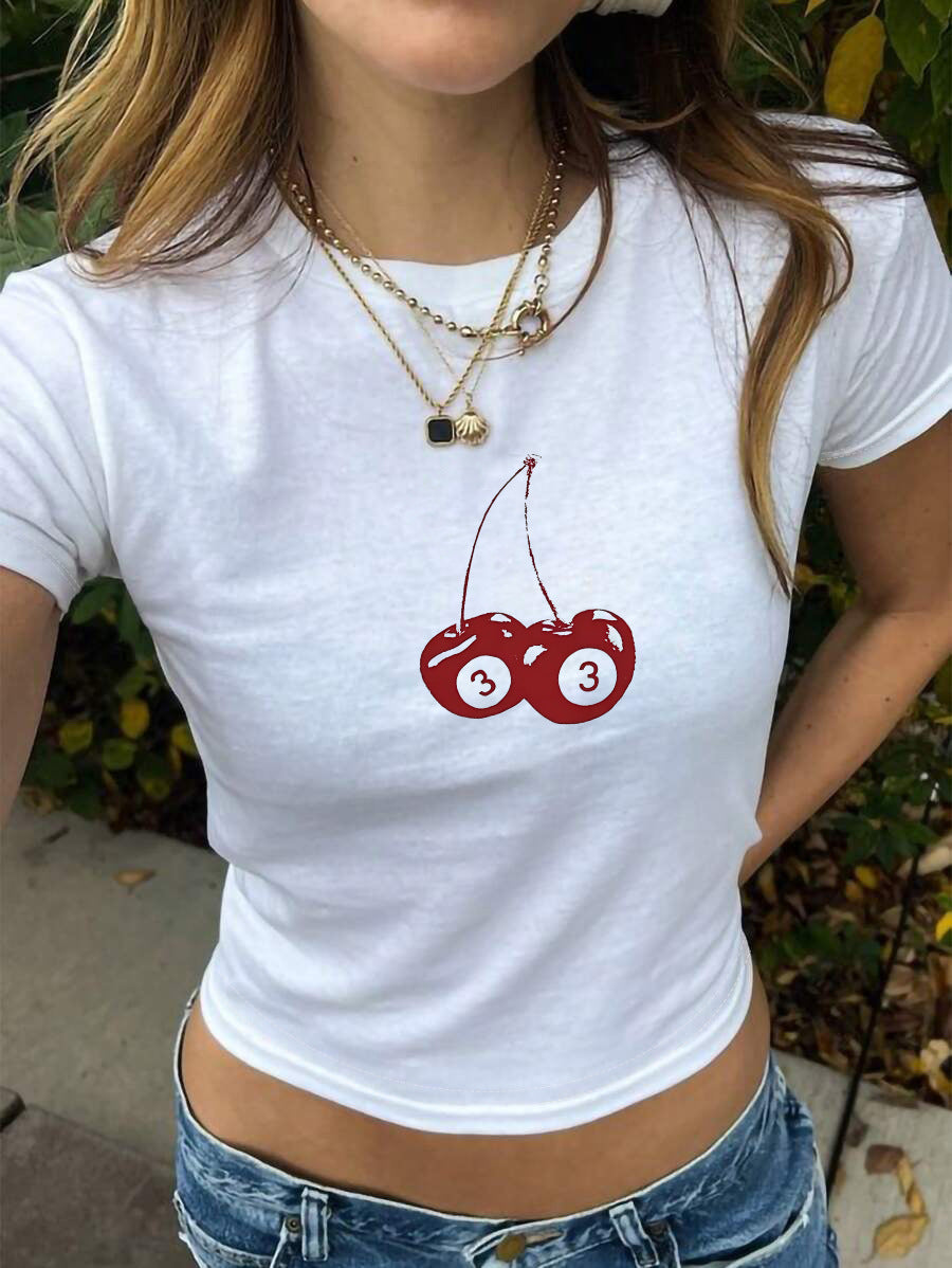 Damen Crop-T-Shirt mit fröhlichem Kirschmotiv und lässigem Schnitt EB