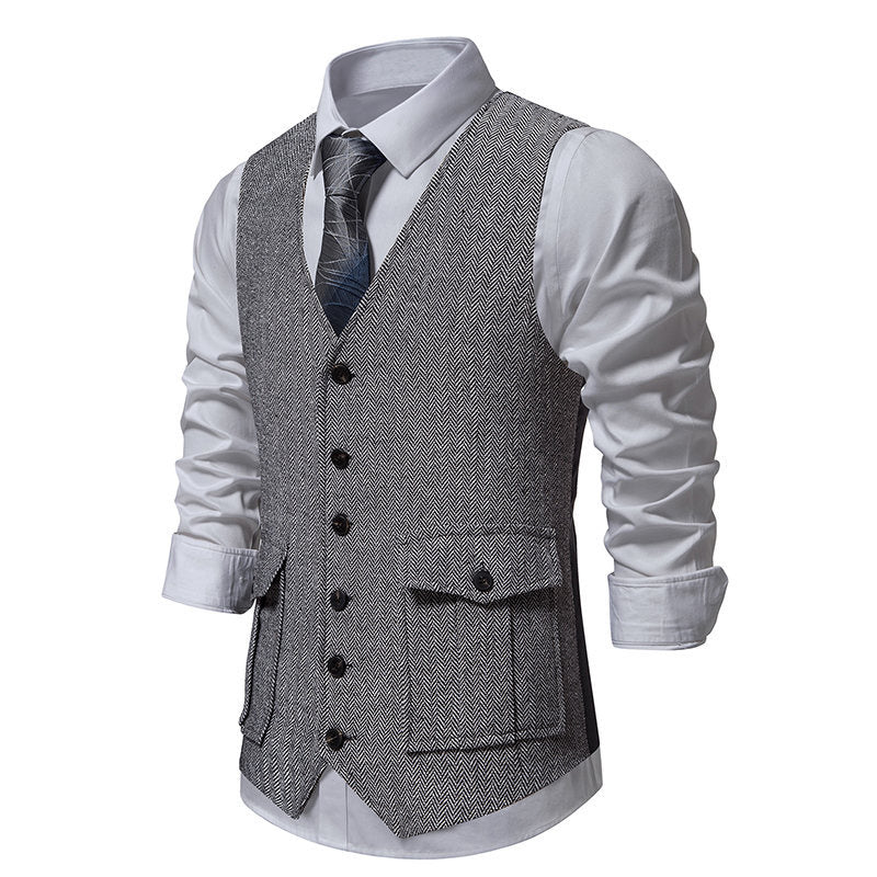 Herren elegante Weste im klassischen Fischgrätmuster mit praktischen Taschen EB