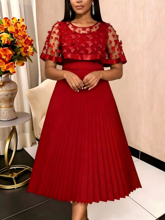 Damen elegantes Abendkleid mit plissiertem Rock und transparenten Puffärmeln EB