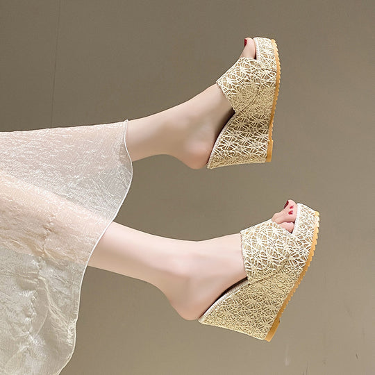Damen Wedge-Pantoletten mit elegantem Glitzermuster und rutschfester Sohle EB