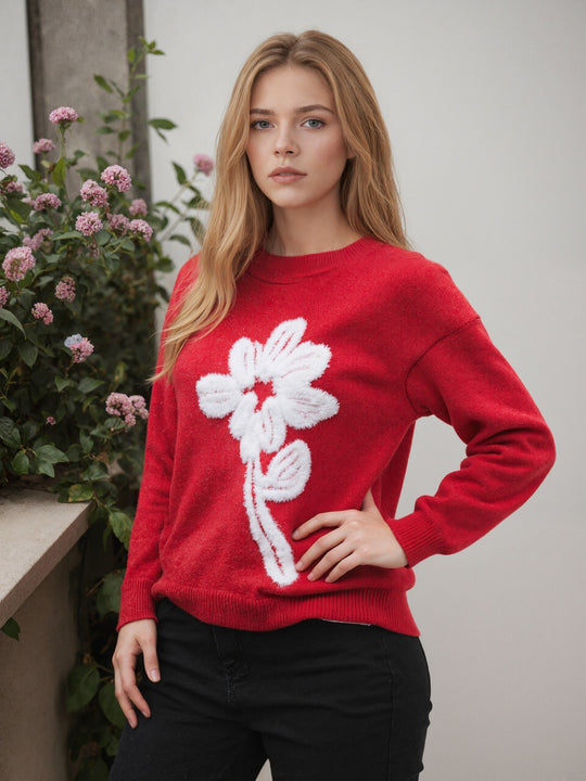 Damen Pullover mit floralem Reliefmuster und weichem Material EB