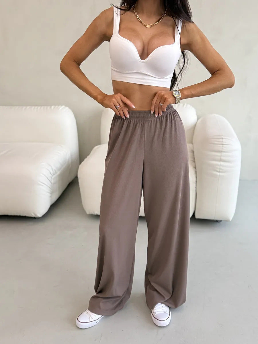 Damen weite High-Waist Palazzo-Hose aus geripptem Jersey mit elastischem Bund EB