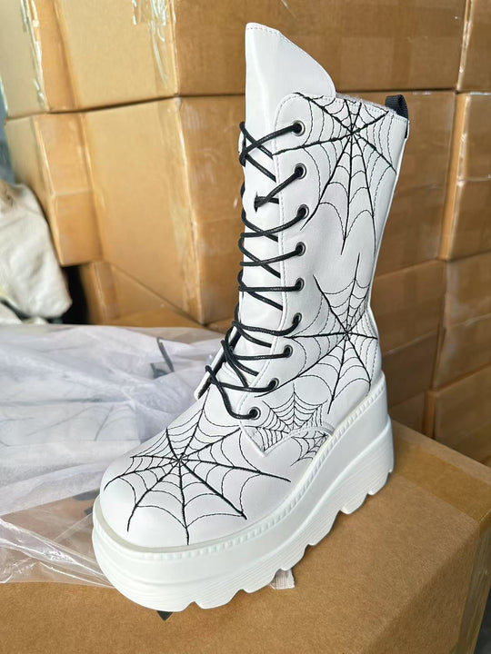 Damen High-Top Stiefel mit modischem Spinnen-Netz-Design und komfortabler Plateausohle EB