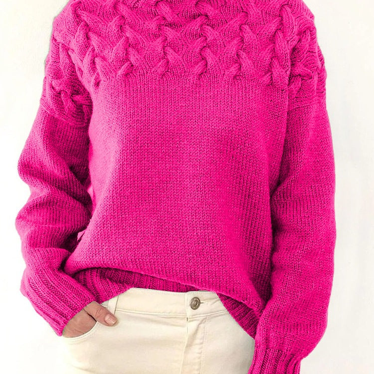 Damen Strickpullover mit hochgeschlossenem Kragen und trendigem Zopfmuster EB