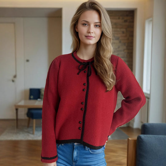 Damen kuschelige Strickjacke mit dekorativen Knopfdetails und Bindeverschluss EB