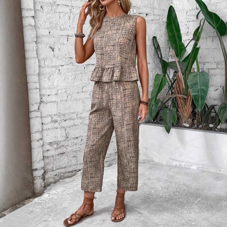 Damen zwei-teiliges Set mit peplum Oberteil und weit geschnittenen Hosen EB