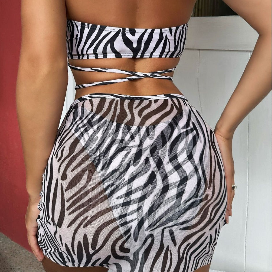 Damen Triangel-Bikini-Set mit transparentem Wickelrock und animalischem Muster EB