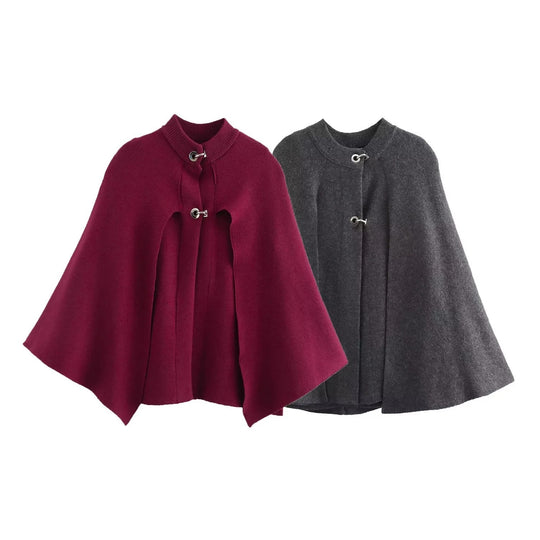 Damen modische Umhangjacke mit elegantem Stehkragen und dekorativen Knopfdetails EB