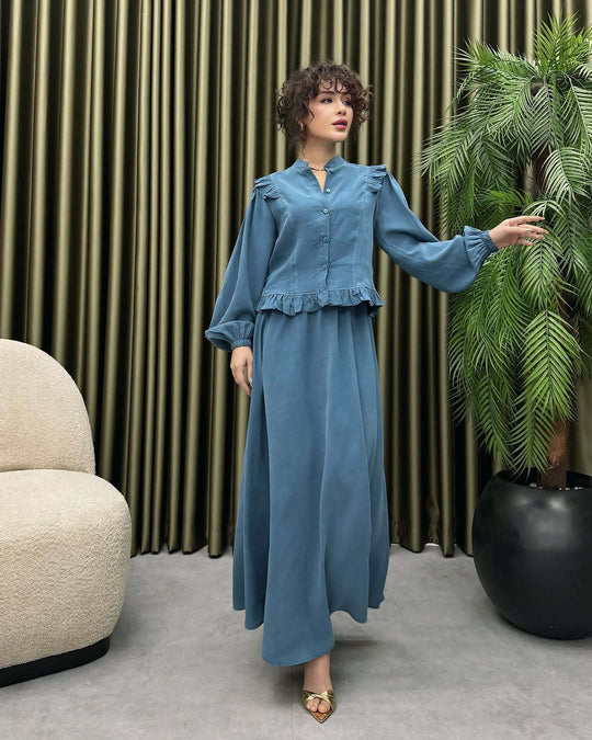 Damen Elegantes langes Kleid mit Rüschendetail EB