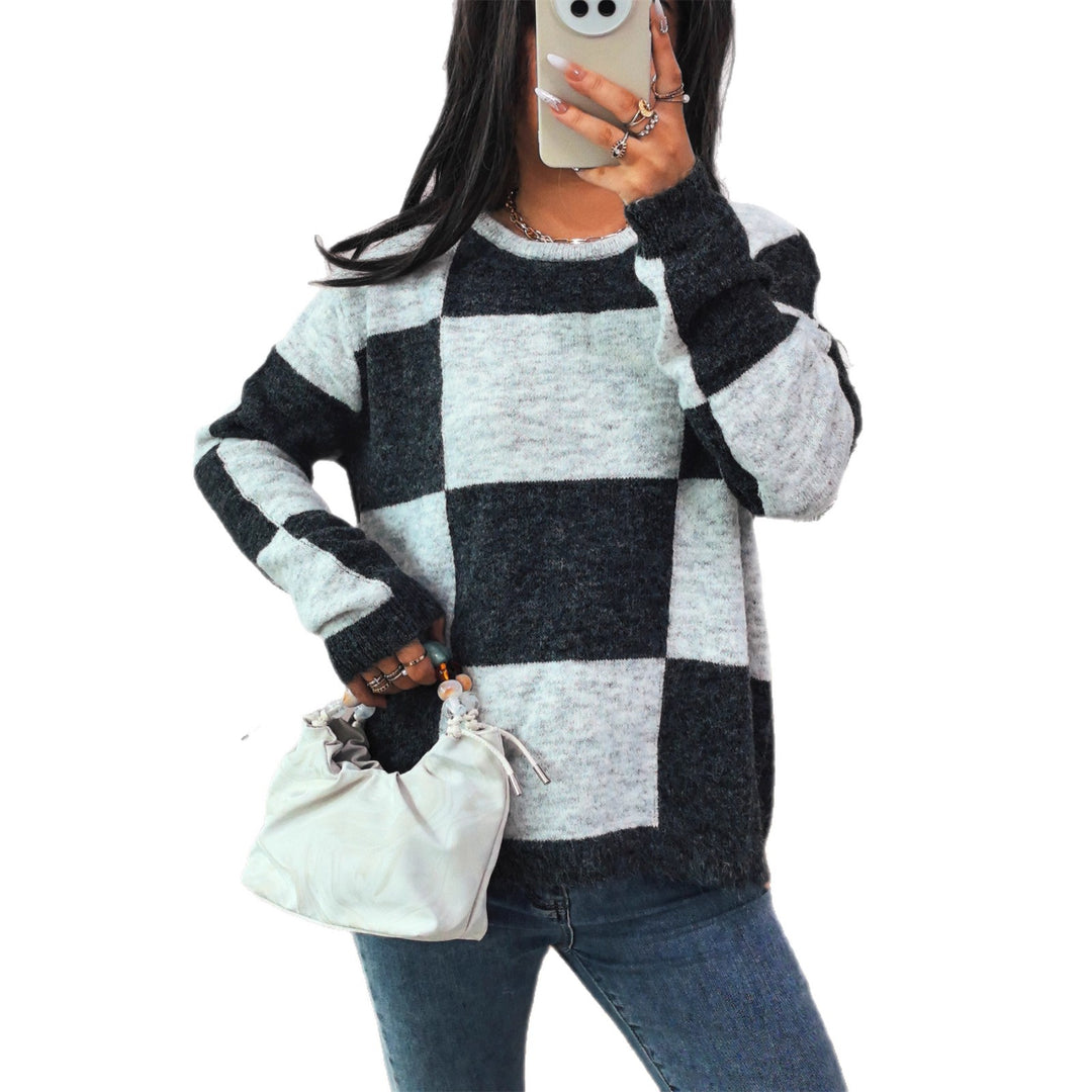 Damen Grobstrickpullover mit modernem Karomuster und lässigem Schnitt EB