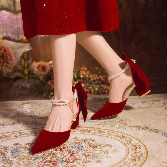 Damen elegante High Heel Schuhe mit Perlenschmuck und Riemen EB