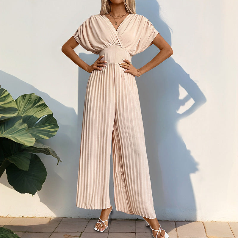 Damen Eleganter Jumpsuit mit hohem V-Ausschnitt und schwingenden Beinen EB