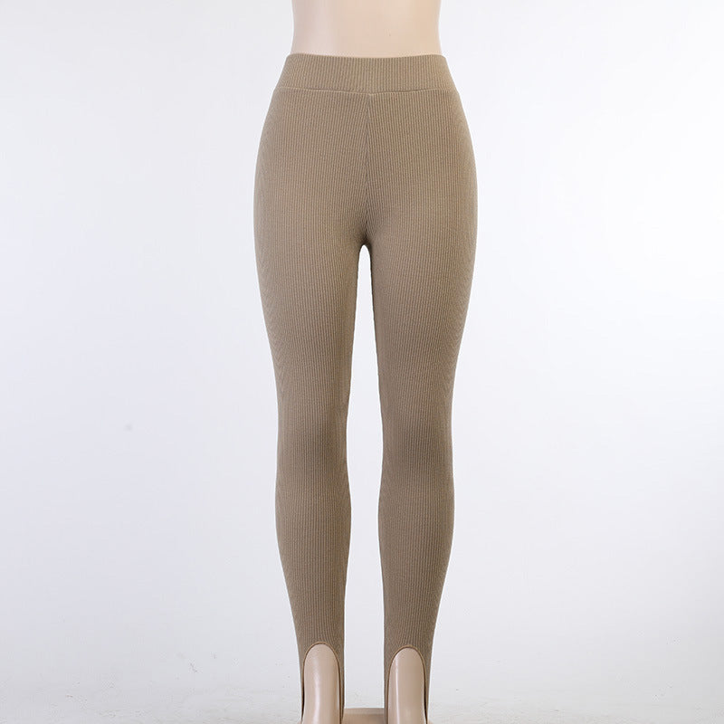 Damen nan figurschmeichelnde Rippstrick-Leggings mit Fußschlaufe und hoher Bundkompression EB