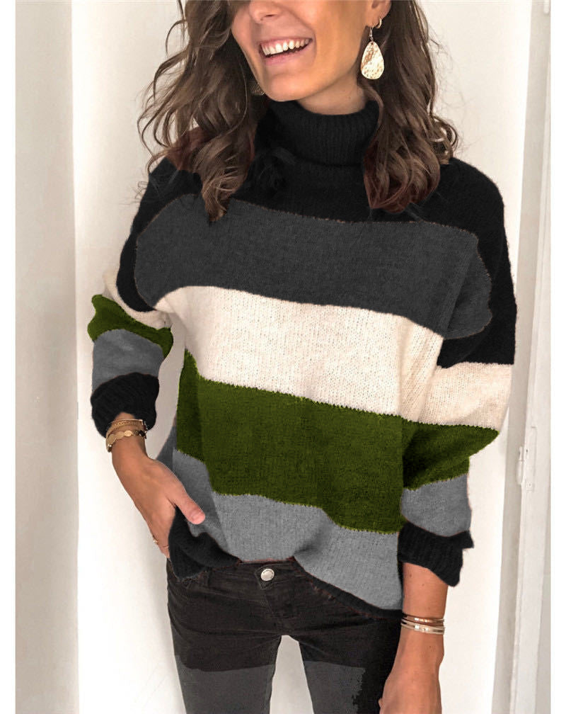 Damen modischer Strickpullover mit lässigem Rollkragen und farbiger Blockgestaltung EB
