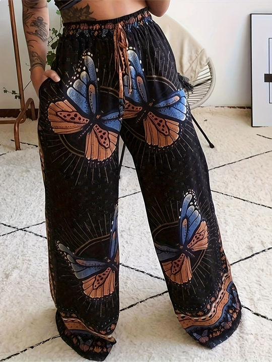 Damen Weite Palazzo-Hose mit buntem Schmetterlingsdruck und elastischem Bund EB