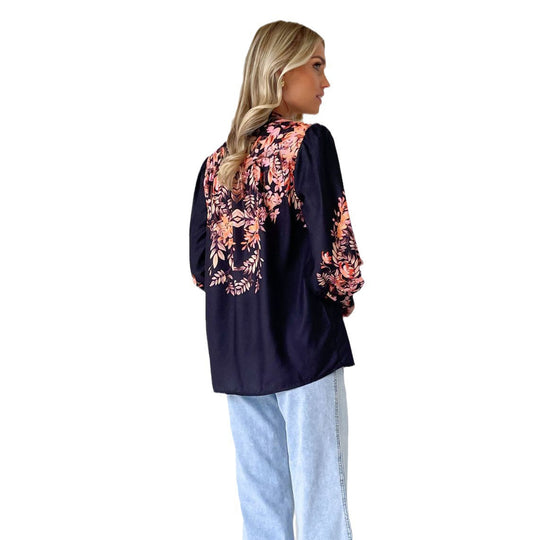 Damen Elegante Bluse mit floralen Akzenten und modischen Puffärmeln EB