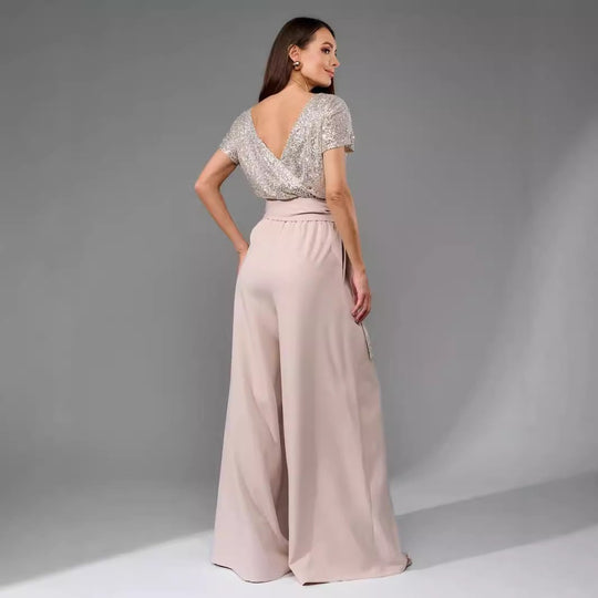 Damen Glitzernder Jumpsuit mit weitem Bein und Taillengürtel EB