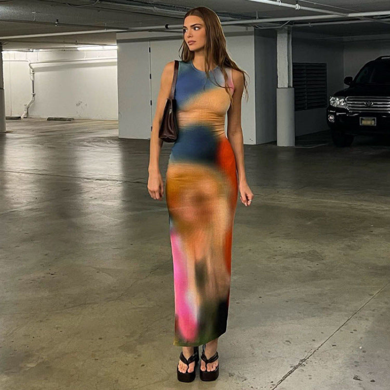Frauen Abstract Print Bodycon Maxi Kleid EB