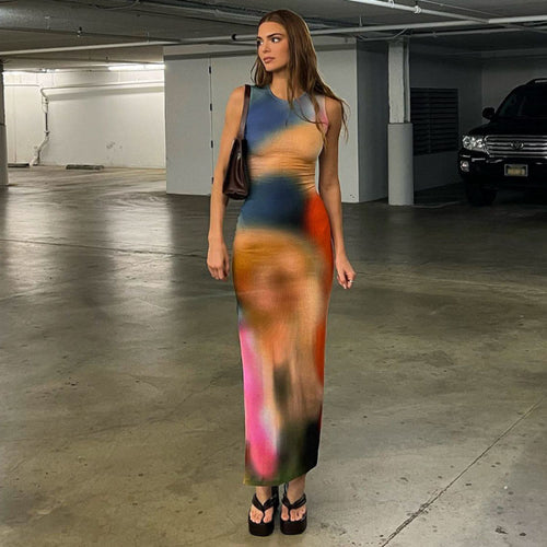 Frauen Abstract Print Bodycon Maxi Kleid EB