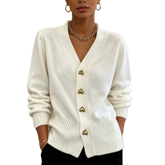 Damen Oversize V-Ausschnitt Strickcardigan mit herzförmigen Schmuckknöpfen EB