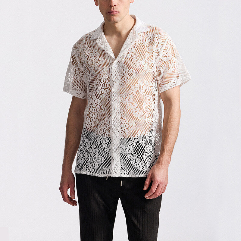 Herren Designer-Hemd aus transparentem Häkelmaterial mit floralem Muster EB