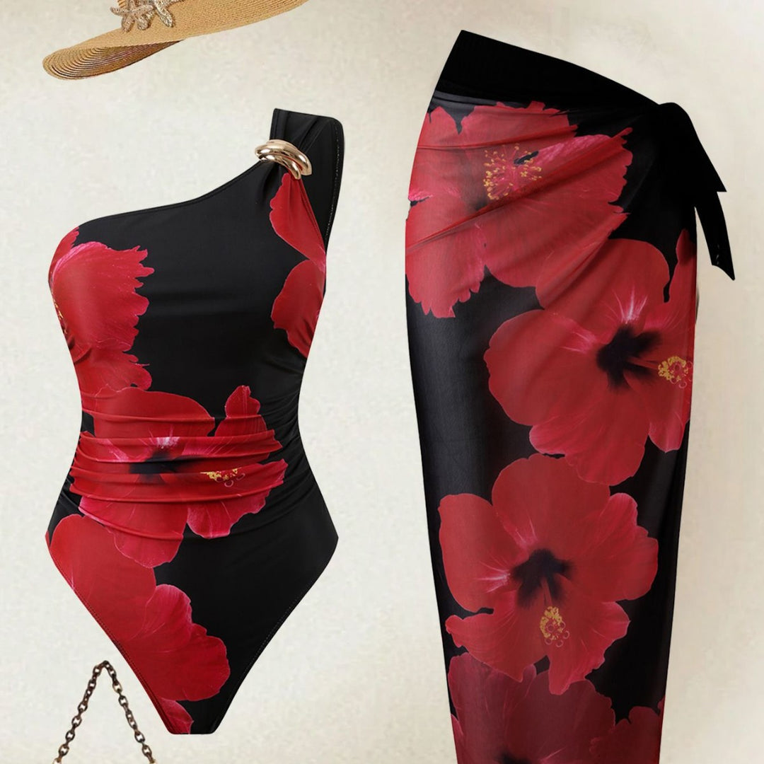 Damen Eleganter Einteiler mit asymmetrischem Schnitt und floralem Design EB