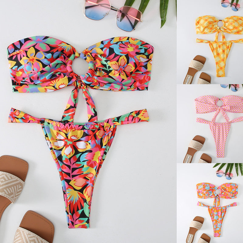 Damen Bandeau Bikini mit kreativem Raffungseffekt und verspieltem Design EB