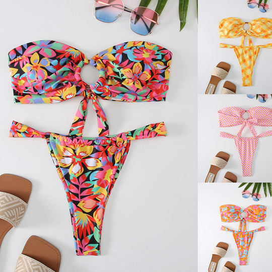 Damen Bandeau Bikini mit kreativem Raffungseffekt und verspieltem Design EB