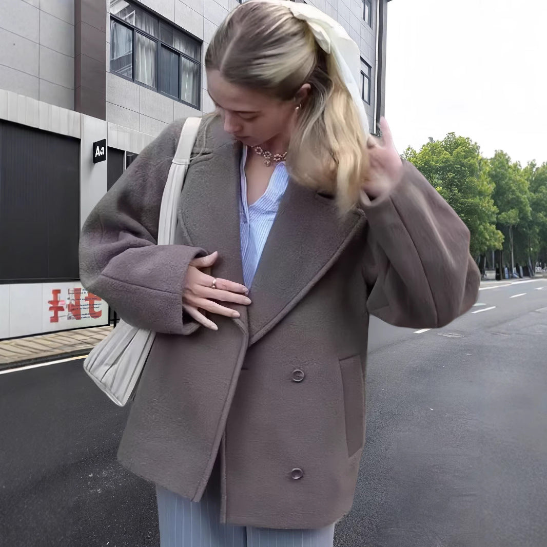 Damen modische Oversized-Jacke mit doppelter Knopfleiste und elegantem Kragen EB
