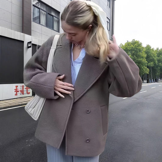 Damen modische Oversized-Jacke mit doppelter Knopfleiste und elegantem Kragen EB