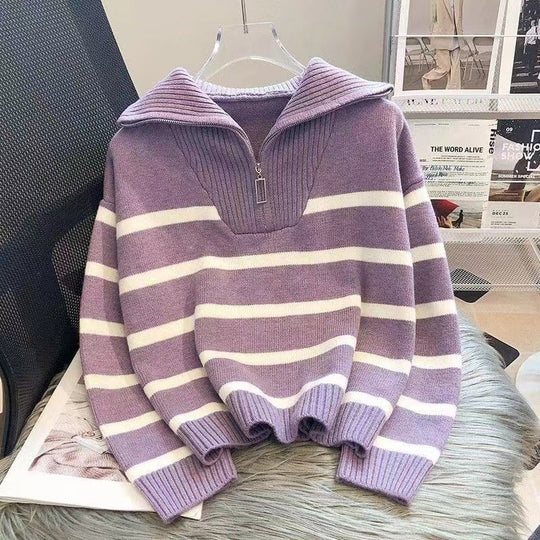 Damen Gestreifter Halb-Reißverschluss Strickpullover mit Rippenkragen EB
