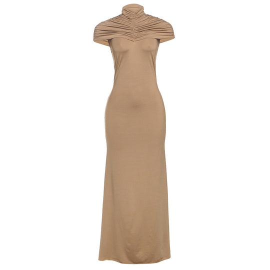 Damen Elegantes Maxikleid mit hochgeschlossenem, drapiertem Kragen EB