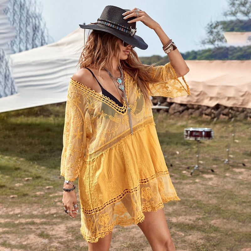 Damen luftiger Beachcover-Up mit aufwendiger Stickerei EB