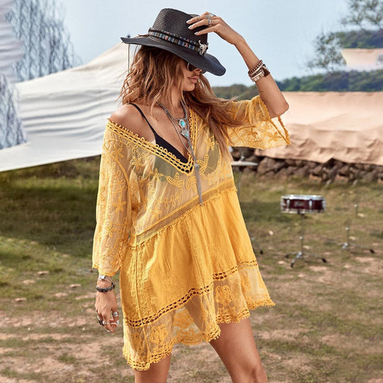 Damen luftiger Beachcover-Up mit aufwendiger Stickerei EB