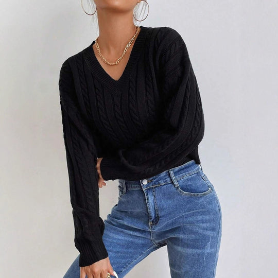 Damen Grobstrickpullover mit V-Ausschnitt und voluminösen Ärmeln EB