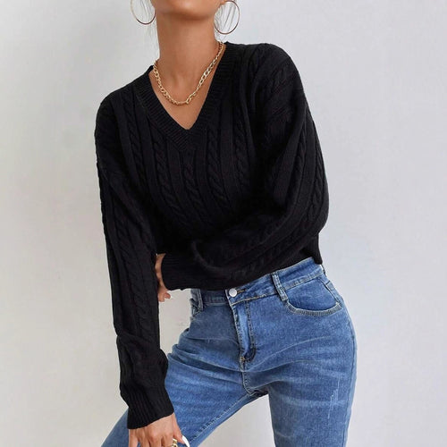Damen Grobstrickpullover mit V-Ausschnitt und voluminösen Ärmeln EB