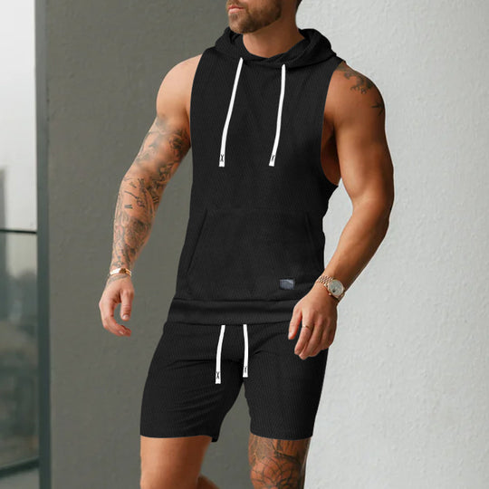 Herren nan ärmelloses Kapuzenweste-Set aus strukturiertem Baumwollmix mit Kängurutasche und Tunnelzug-Shorts EB