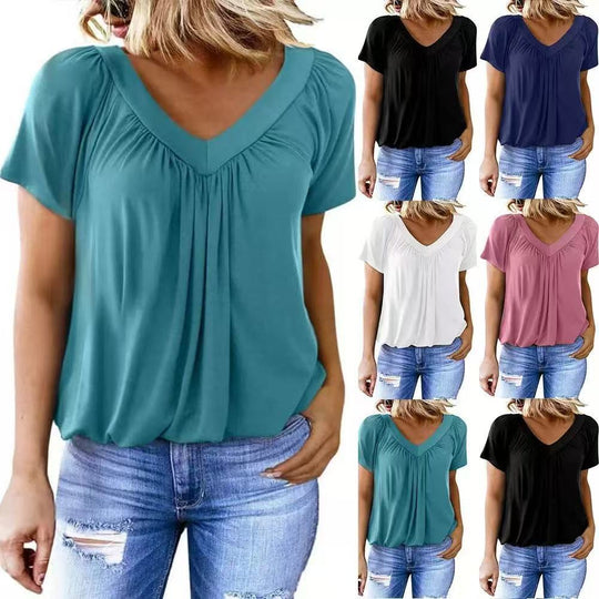 Damen luftige V-Ausschnitt Bluse mit Plissee und kurzen Ärmeln EB