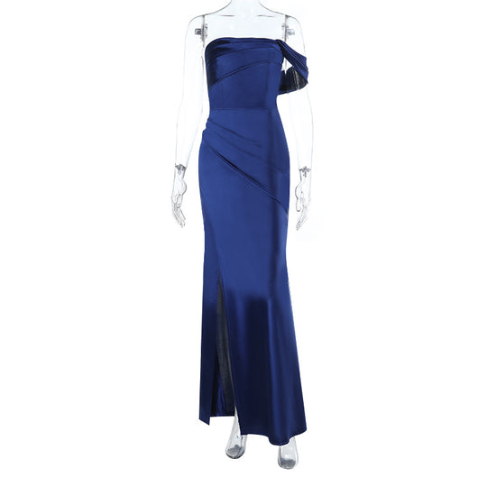 Damen elegantes schulterfreies Maxikleid mit hohem Schlitz und asymmetrischem Design EB