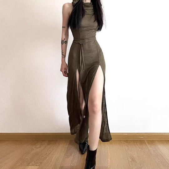 Damen Elegantes Maxikleid mit hohem Schlitz und Kapuze EB