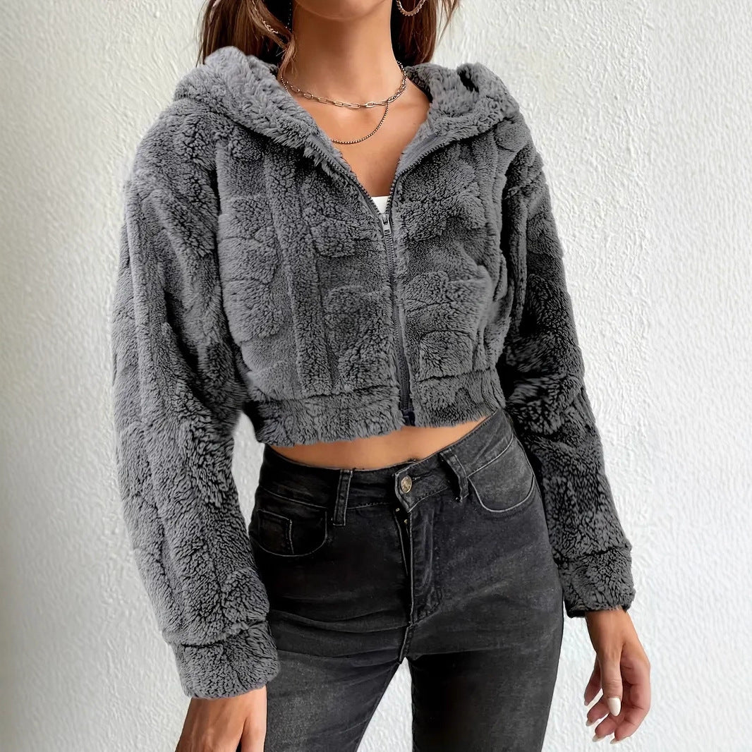 Damen Kuschelige Fleecejacke mit Reißverschluss und Kapuze EB