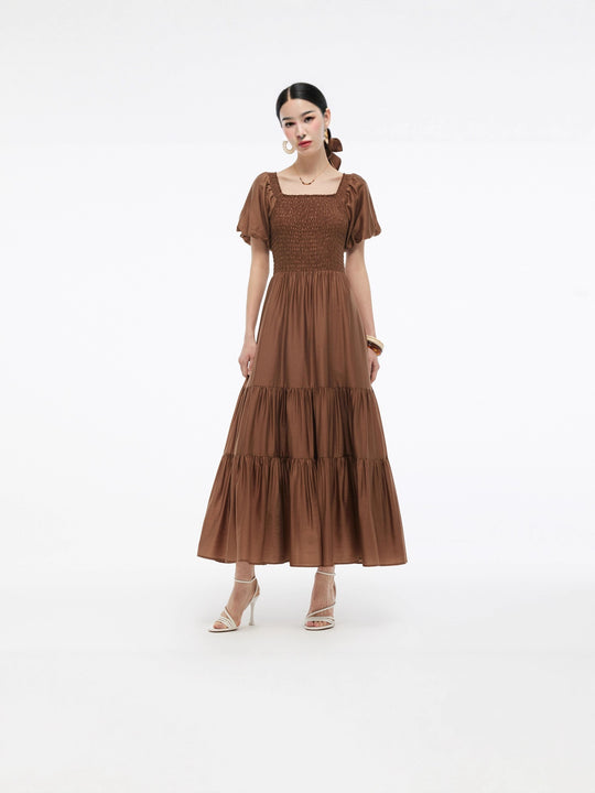 Damen Maxikleid mit voluminösem Rock und Blumenmuster EB