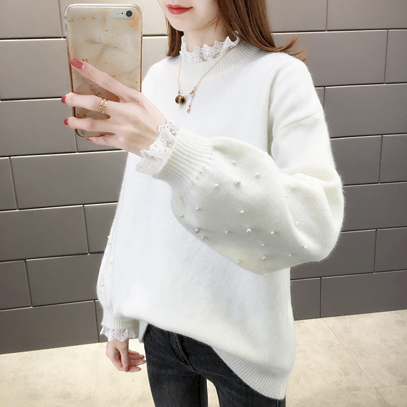 Damen trendiger Strickpullover mit Perlendetails und voluminösen Ärmeln EB